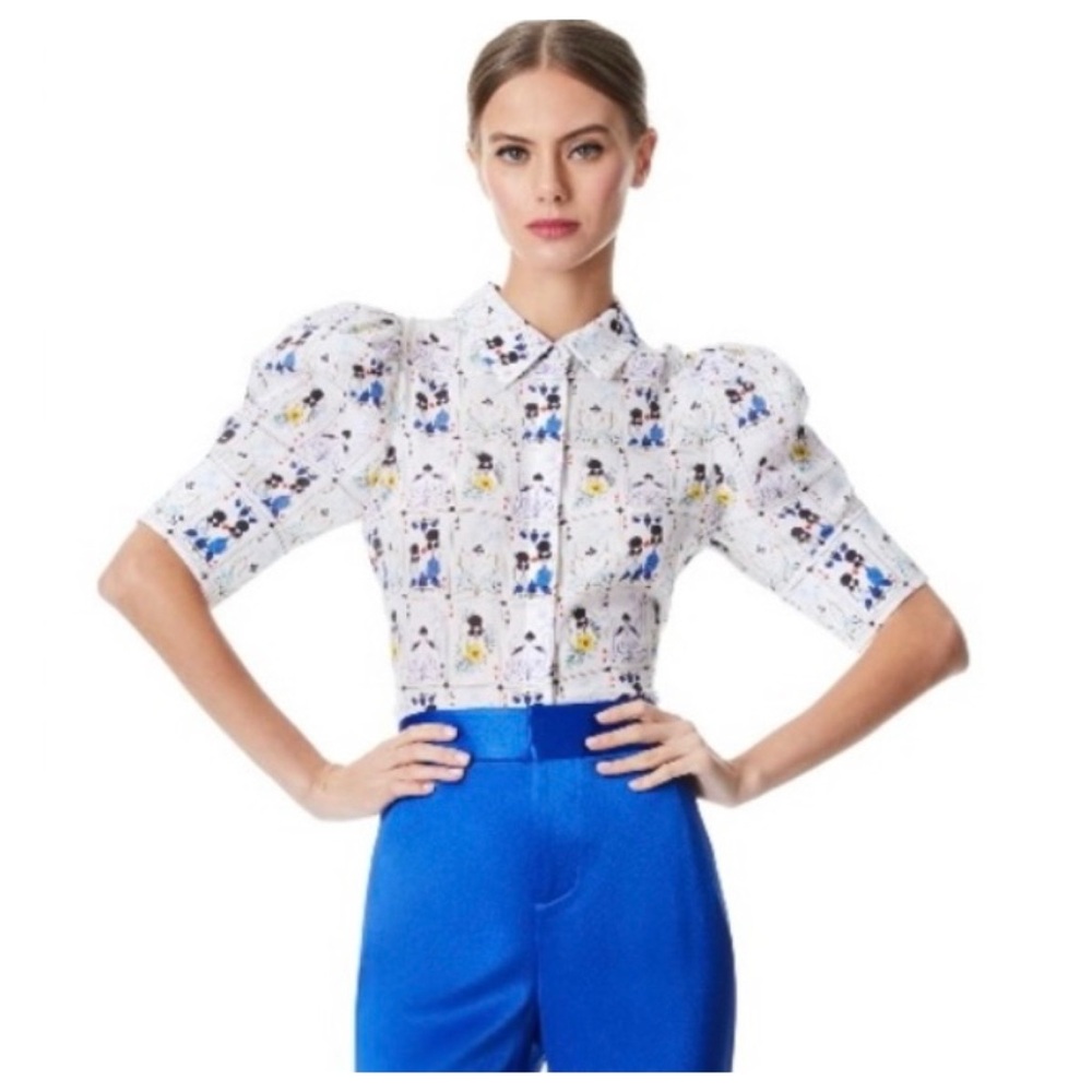 ALICE + OLIVIA Willa Printed Silk Puff Sleeve Top - Picture 5 of 13